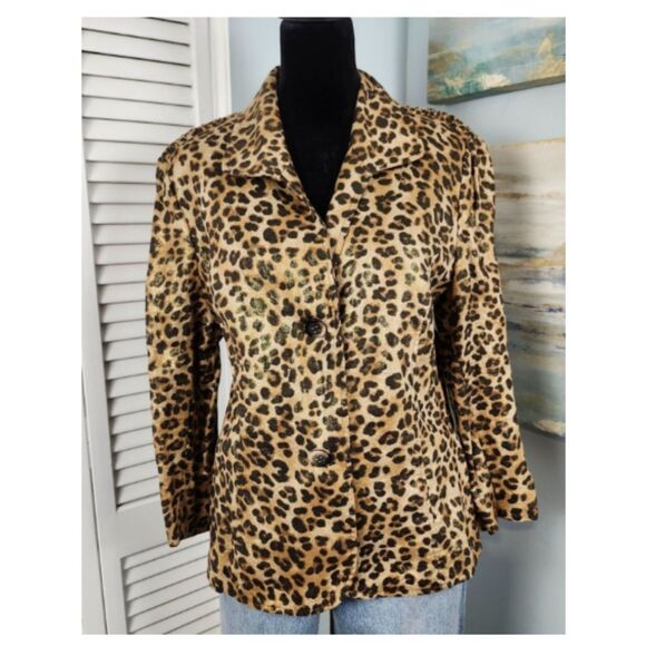 Peck & Peck 100% Linen Leopard Gold Sheen Jacket Smocked Back Peplum Hem 16P /XL - Picture 1 of 11